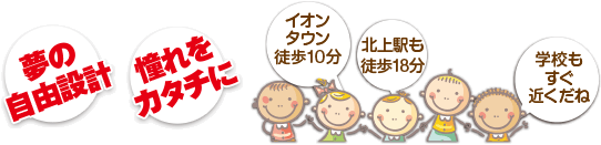 「夢の自由設計」「憧れをカタチに」「イオンタウン徒歩10分」「北上駅徒歩18分」「小中学校もすぐ近く！」